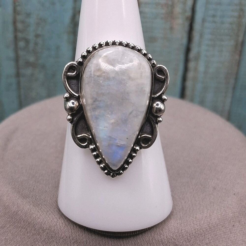 Southwestern Sterling Silver Rainbow Moonstone Ring size 8 Blue Flash Teardrop